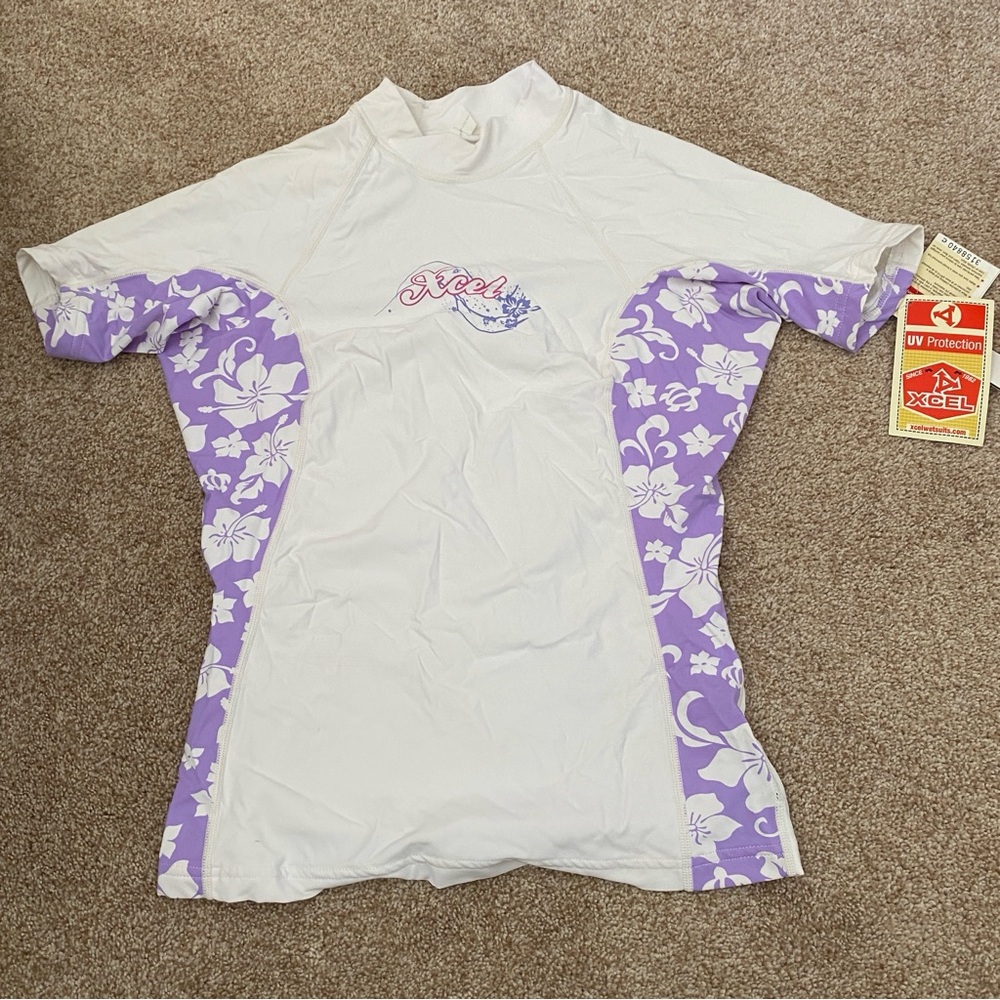 Xcel Hawaii White and Purple Floral Rash Guard girls 12